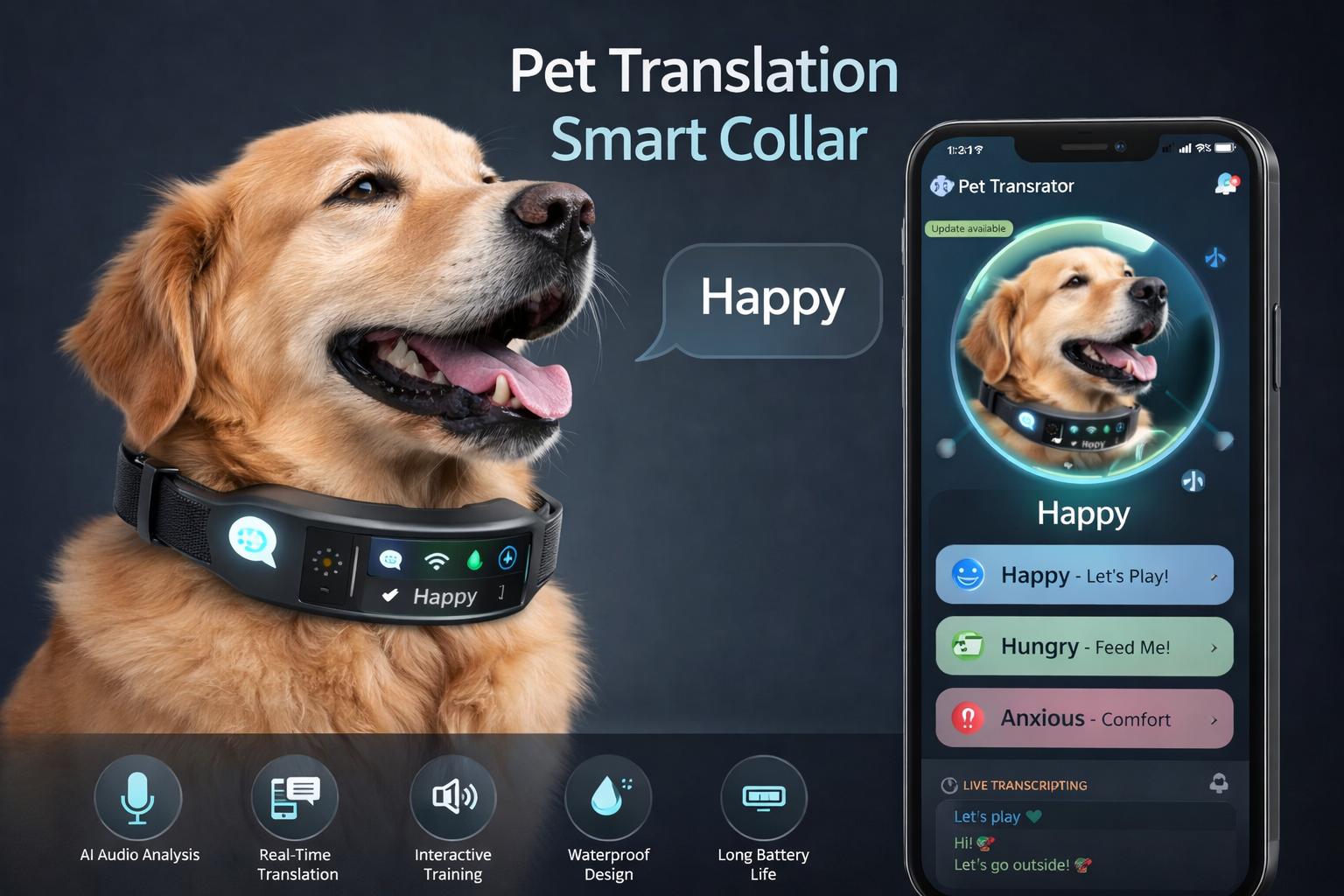 “Cat and dog wearing futuristic AI-powered smart collars”