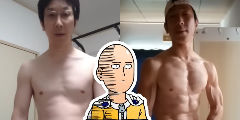 “Fit Japanese man showing anime-inspired workout transformation”
