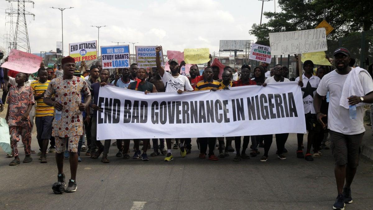 Human rights lawyer Femi Falana and musician Falz participate in the End Bad Governance protest in Lagos.